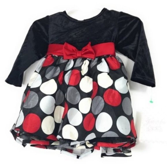 JESSICA ANN Baby Girls 3-6 mos Black Red White Polka Dots Long Sleeve Dress NEW - Picture 1 of 7
